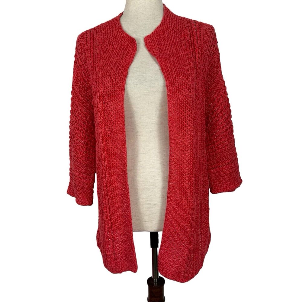 Eddie Bauer Linen Cardigan Women XS Crochet Knit Coral Pink Open Front Layer